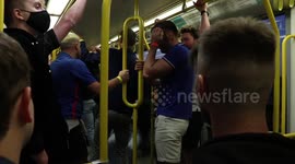 Tram erupts in chants, drumming & dancing as England fans make their way home, whilst celebrating a 1-0 victory against Czech Republic