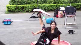 Taiwanese lady shows an amazing balancing performance with her feet in Taipei.