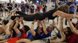 French fans celebrate after the game in a great festive spirit... Until local hungarian stewards start pushing them and journalists alike, even taking cameras filming such misconduct of them