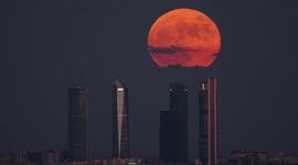 Majestic strawberry moon rises in Madrid amid scenic skyscrapers