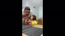 Daughter has cute reaction when dad eats her cereal without asking