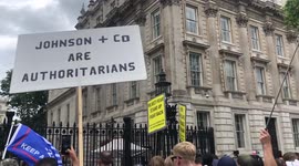 Anti Lock-down protesters protest outside Downing Street and throw tennis balls over No10 gates.