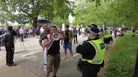 Protester shout at at Police during the Anti lockdown protest Unite for Freedom in London