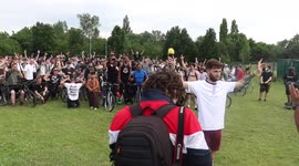 Celebrations at the end of mass bike ride rave in Manchester - ‘D & B bike ride’ Organised by Dan Whiting