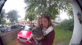 Carrying back Teddy the Frenchie from a walk, unable to even open the door so we were caught on the Ring Doorbell!