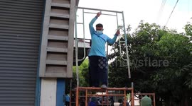 Brave female snake wrangler climbs scaffolding to catch python