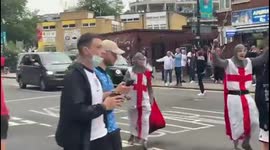 England fans wearing knights costumes celebrate win over Germany