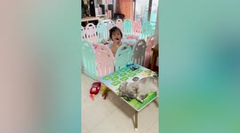 Toddler cries so she can pet her fluffy pet cat’s hair