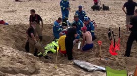 A man Buried on Fistral beach, Big rescue of holidaymaker crushed when in a hole dug in the sand at Cornwall’s Fistral beach