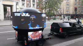 Strange marketing vehicule spotted in Paris broadcasting advertisement for the french star rapper Jul. (30june2021)