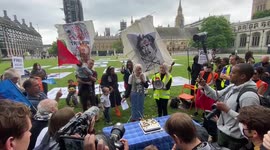 Vivienne Westwood joins family and friends of Julian Assange to mark his 50th birthday, outside parliament