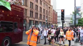 Ravers follow behind double decker party bus for the Manchester Save Our Scene/ Nightlife Protest
