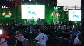 Pints go flying as England fans erupt in celebration at goal against Denmark at Manchester's 4TheFans park