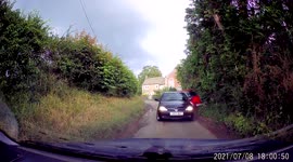 Car crashes into hedge after near miss head on collision on narrow country lane