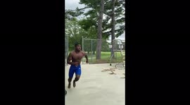 Guy completes high dive challenge at the pool