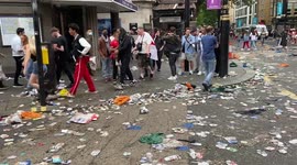 England football fans leave huge amounts of trash on the streets in central London on the day of the Euro 2020 final