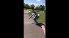 Skater from Netherlands slams hard  into pump track