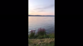 Long Vertical View and Pan Movement of Sunset on Calm Ocean Waters