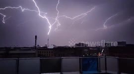 Stunning footage of lightning bolt striking Berlin TV Tower during storm