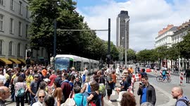 Protesters gather on central square in Nantes, France to denounce new sanitary measures