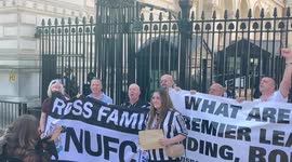 Around 100 unhappy Newcastle fans are outside Downing Street, London, today, with a petition asking Boris Johnson to get the Premier League to be more transparent in the proposed sale of Newcastle United FC by current owner Mike Ashley to a Saudi consorti