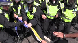 Police in riot gear get pelted by bottles after hauling protester to ground in London