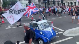 9. Funny car calling for Freedom is seen at London anti-lockdown rally