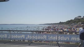 Bournemouth Beach UK Heatwave Busy - Thousands of People Wide Angle
