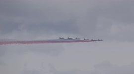 Tricolor tail made of fighter jets over St Petersburg for the last rehears of Navy Day in Russia