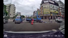 Truck smashes into left-turning moped rider sending him airborne