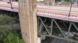 Vertical establishing shot of one of the Guardians of Traffic in Cleveland, the new namesake of Cleveland Indians, now Guardians