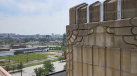 Drone circles one of the 'Guardians of Traffic,' huge art deco statues that inspired Cleveland Indians name change