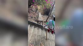 Two men slide down handrail of 3,790-step staircase along mountain to descend faster