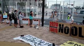 Protesters gather near Olympic Village demanding the Games to be cancelled