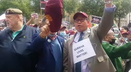 Gurkha veterans on relay hunger strike and supporters protest for equal rights as they demonstrate outside Downing Street.