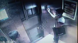 Impatient man kicks door off elevator