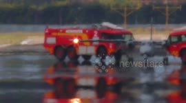 Military plane's tyre bursts on landing at Doncaster, UK