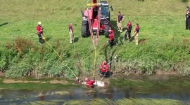 Dramatic footage shows a stricken horse stuck in the mud being rescued with a CRANE by heroic firefighters