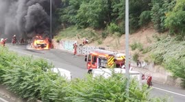 Car Fire on autoroute A6a ,Autoroute du Soleil (Highway of the Sun). Arcueil, Paris suburb. 6aug2021.11h30