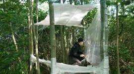 Modern bushcraft: Man makes treehouse bivouac from plastic wrap