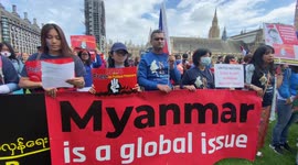 Protests demanding democracy in Myanmar and Belarus gather outside UK parliament