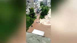 Heroic Chinese man rescues motorcyclist from being washed away by rapid floodwater