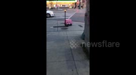 Food delivery robot crosses a street in Toronto, Canada