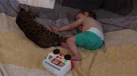 Baby Boy feels comfortable falling asleep as long as he cuddles with Bengal Cat, his protector