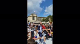 French Olympic medalists celebrate with fans on their return to France