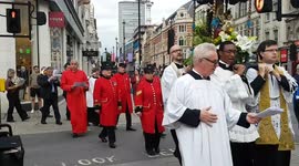 Famous Chelsea Pensioners join annual Assumption of the Blessed Virgin procession in London's Oxford Street