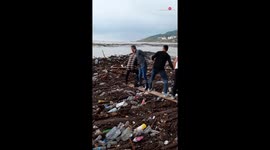 Locals balance on plank to rescue puppy swept out to sea in flood-hit northern Turkey