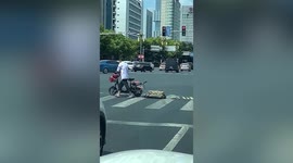 Dozens of ducklings follow man across busy road in China