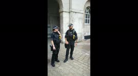 Angry Household Cavalry Soldier yells at man filming him at Horseguards Parade. Man tells him he needs anger management.