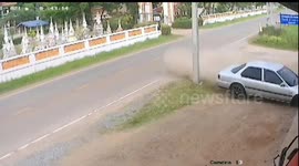Driver swerves to avoid dog and spins out of control crashing into fire station